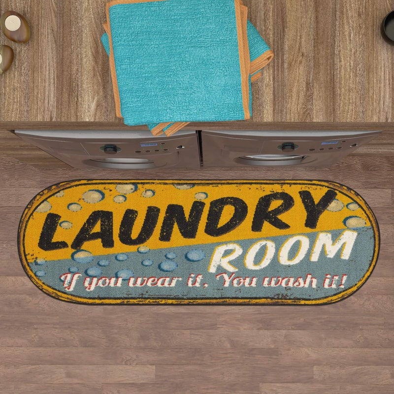 Ottomanson Machine Washable Bubbles Design Laundry Room Rug Non-Slip Rubberback 2x5 Laundry Runner Rug for Laundry Room, Bathroom, Washroom, 20" x 59" Oval, Yellow/Gray - Image 1